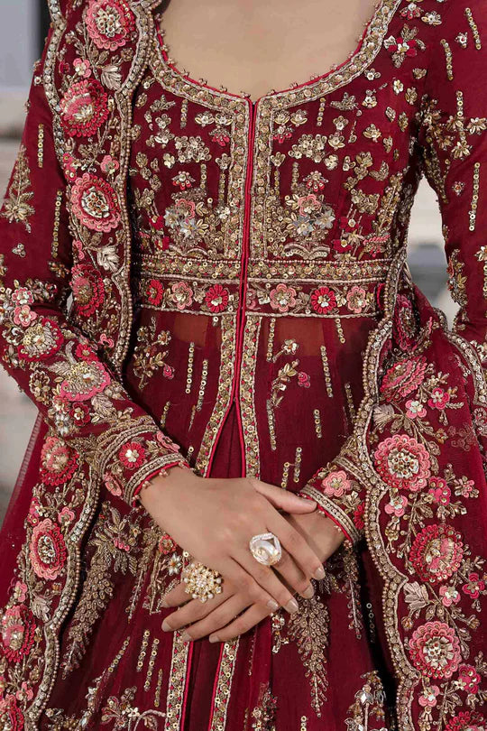 Raizel Maria B Royal-Rawa Deep Red Bridal Pishwas with mirror, pearls & dabka naqshi handcrafted luxury outfit – Pakistanimoda