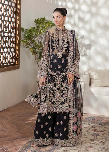 Black organza Pakistani suit with embellished shirt, block-printed flared pants, and laser-cut dupatta – perfect for Eid and party wear in USA, UK, and Canada.