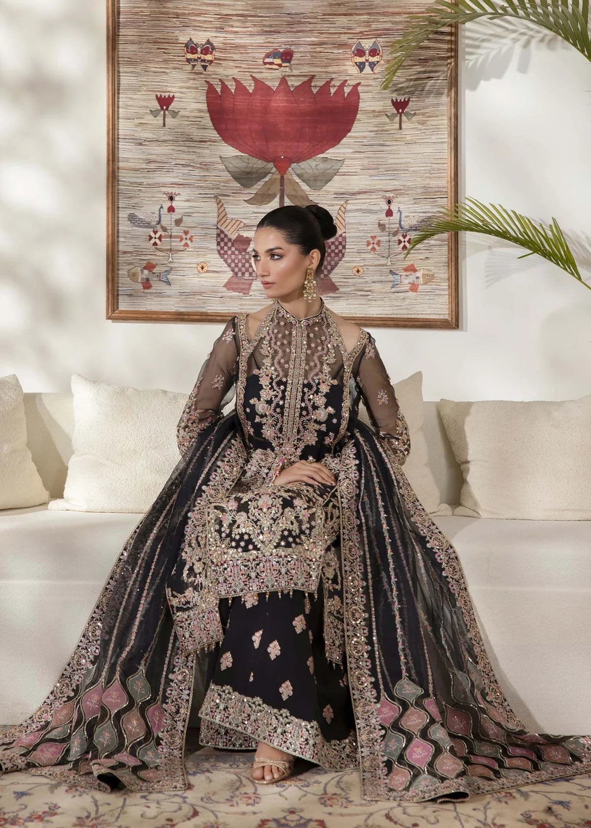 Black organza Pakistani suit with embellished shirt, block-printed flared pants, and laser-cut dupatta – perfect for Eid and party wear in USA, UK, and Canada.