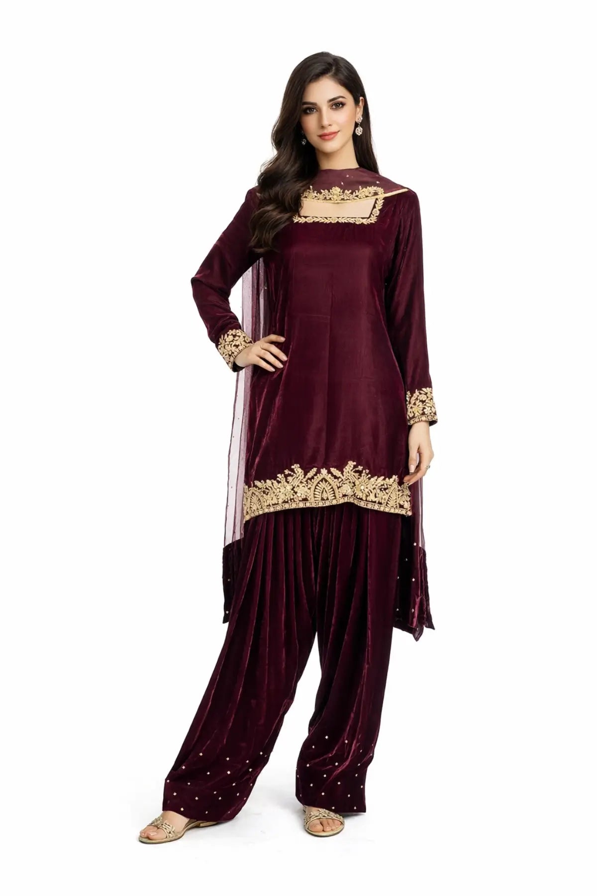 Rameen plum velvet Pakistani embroidered shalwar kameez with organza dupatta by MariamRaj
