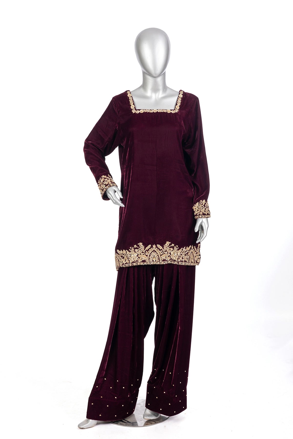 Rameen plum velvet Pakistani embroidered shalwar kameez with organza dupatta by MariamRaj