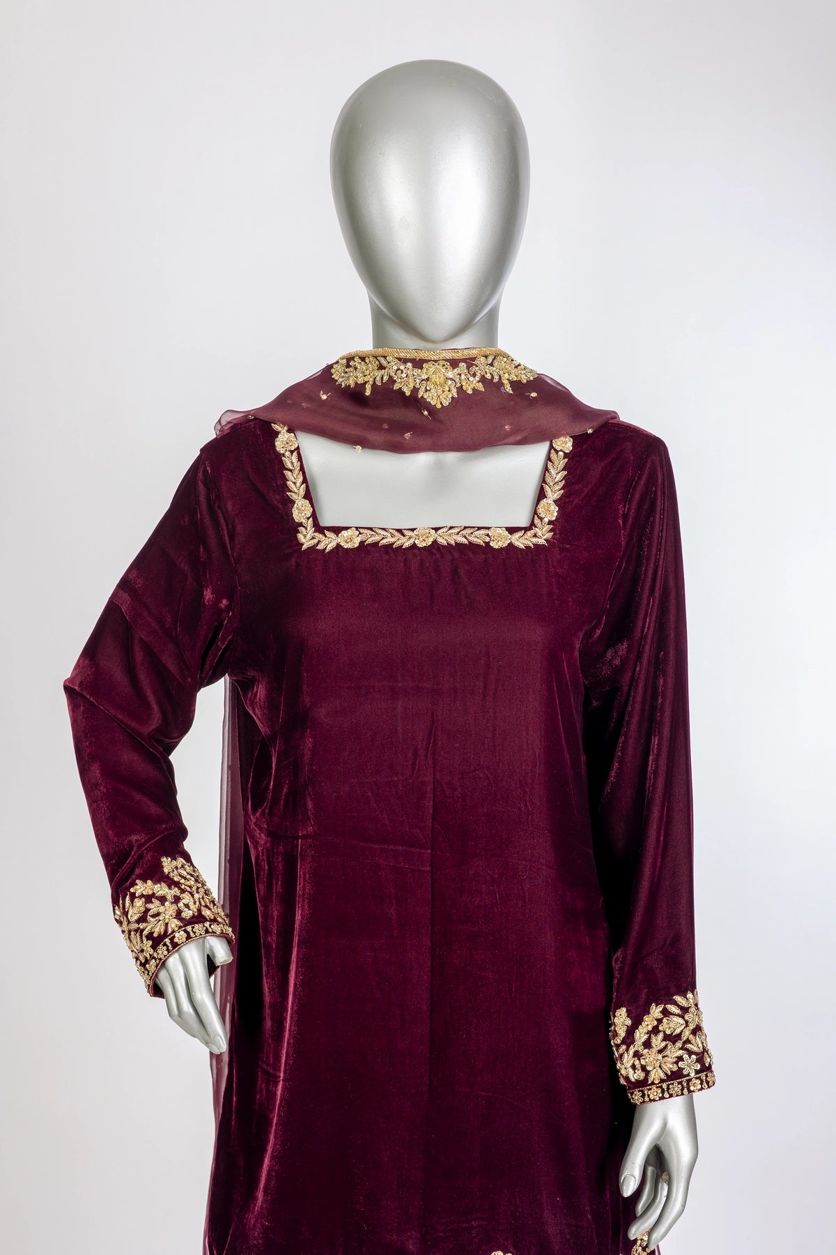Rameen plum velvet Pakistani embroidered shalwar kameez with organza dupatta by MariamRaj
