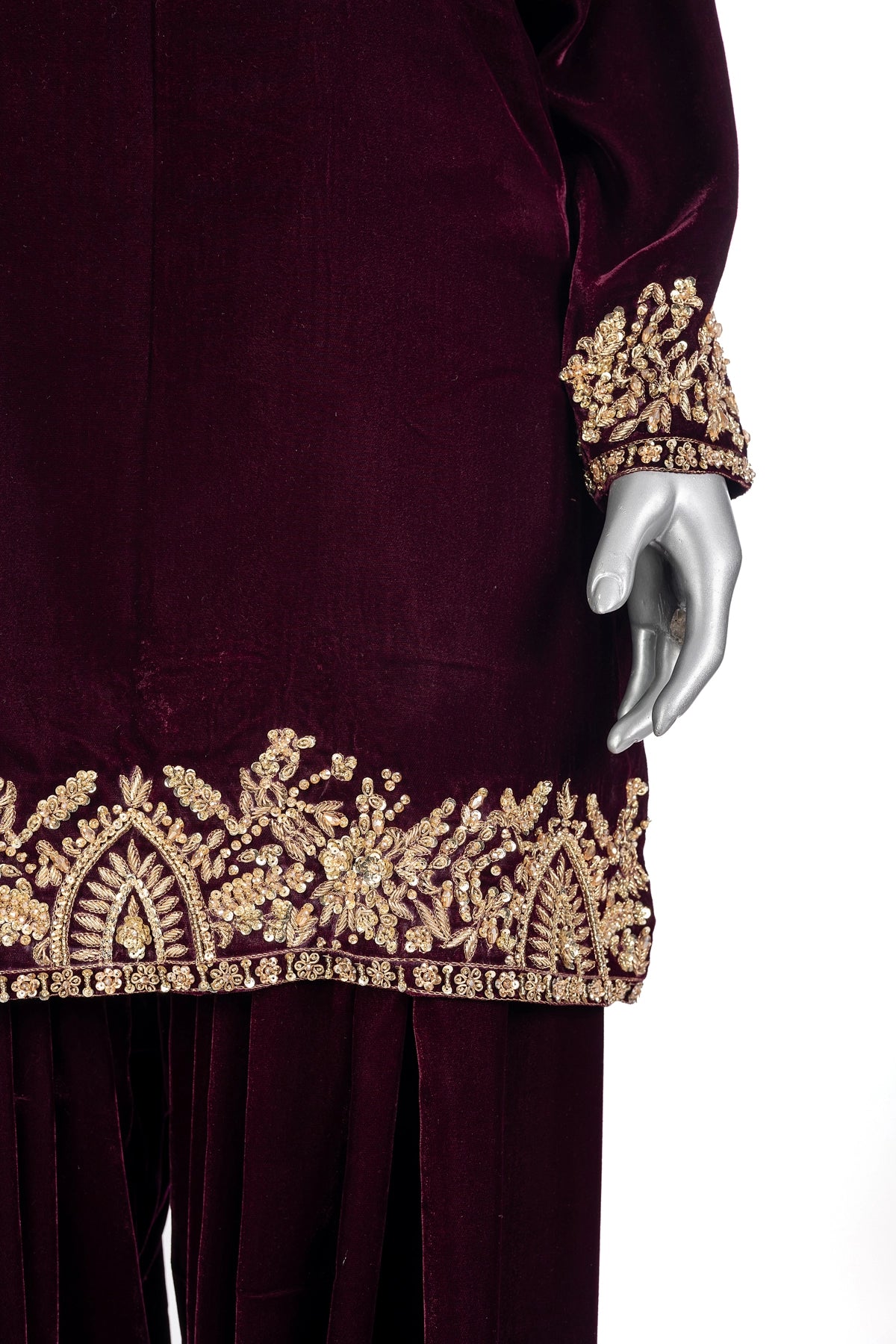 Rameen plum velvet Pakistani embroidered shalwar kameez with organza dupatta by MariamRaj