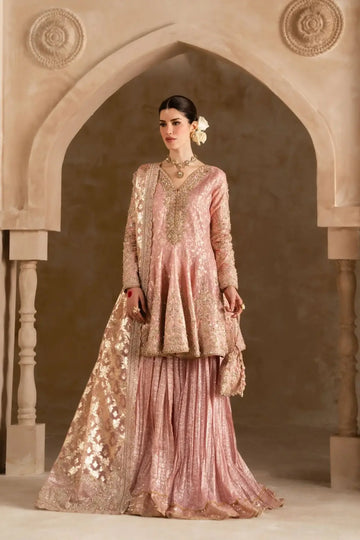 Ramisa Kanwal Malik Shehnai tea pink luxury pret embroidered 3PC suit with organza dupatta and flare pants