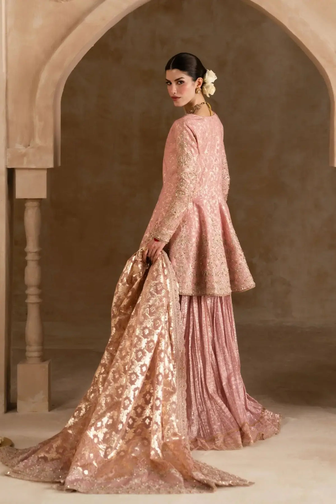 Ramisa Kanwal Malik Shehnai tea pink luxury pret embroidered 3PC suit with organza dupatta and flare pants