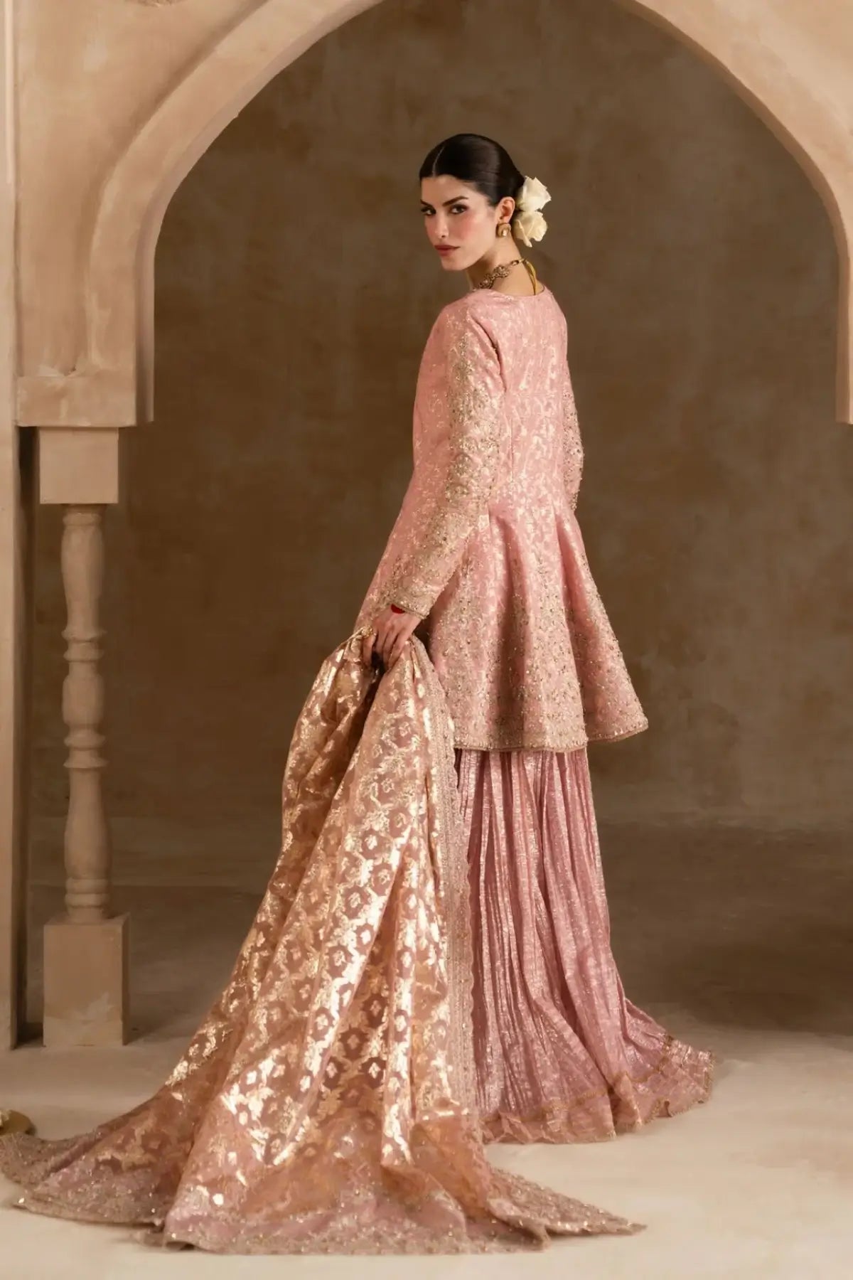 Ramisa Kanwal Malik Shehnai tea pink luxury pret embroidered 3PC suit with organza dupatta and flare pants