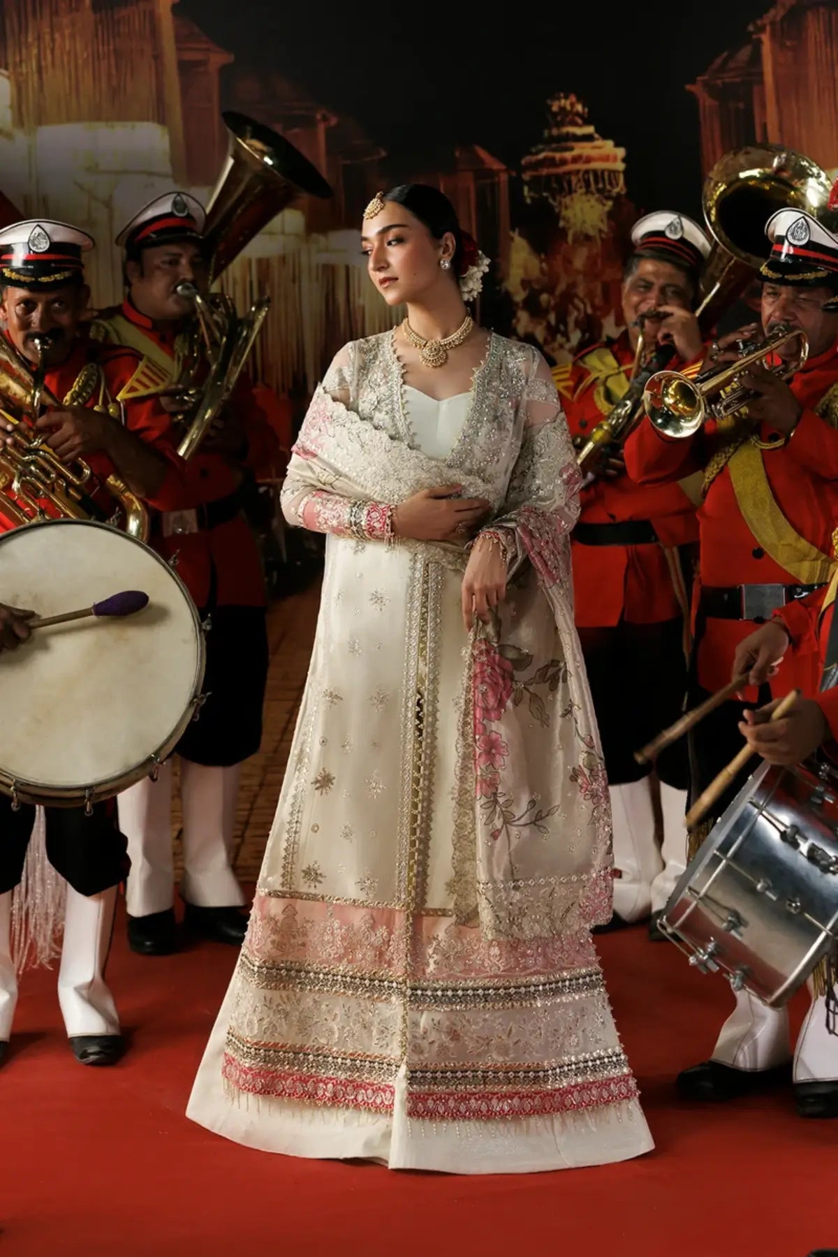 Rang-e-Wafa off white embroidered poly net stitched Nikkah suit with floral details, lama trouser and tissue zari dupatta