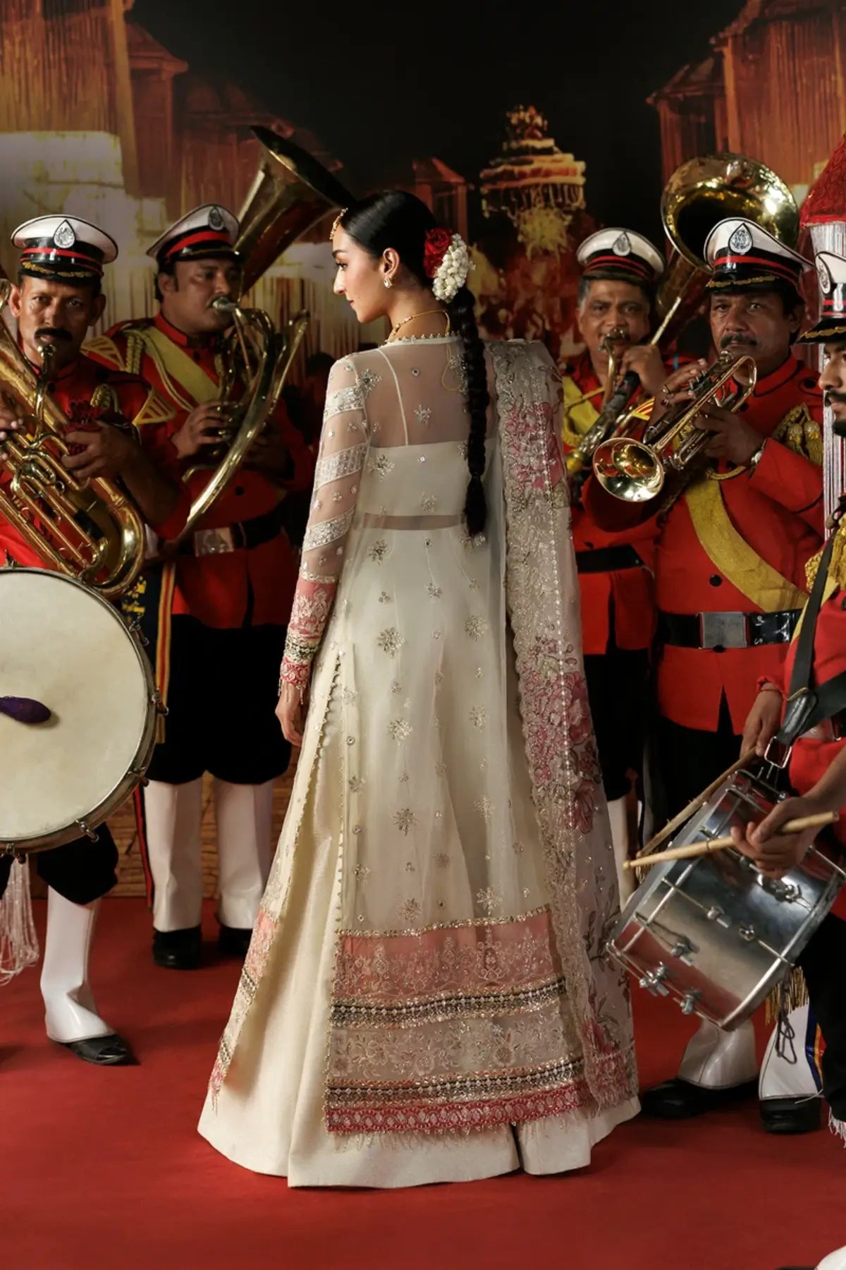 Rang-e-Wafa off white embroidered poly net stitched Nikkah suit with floral details, lama trouser and tissue zari dupatta