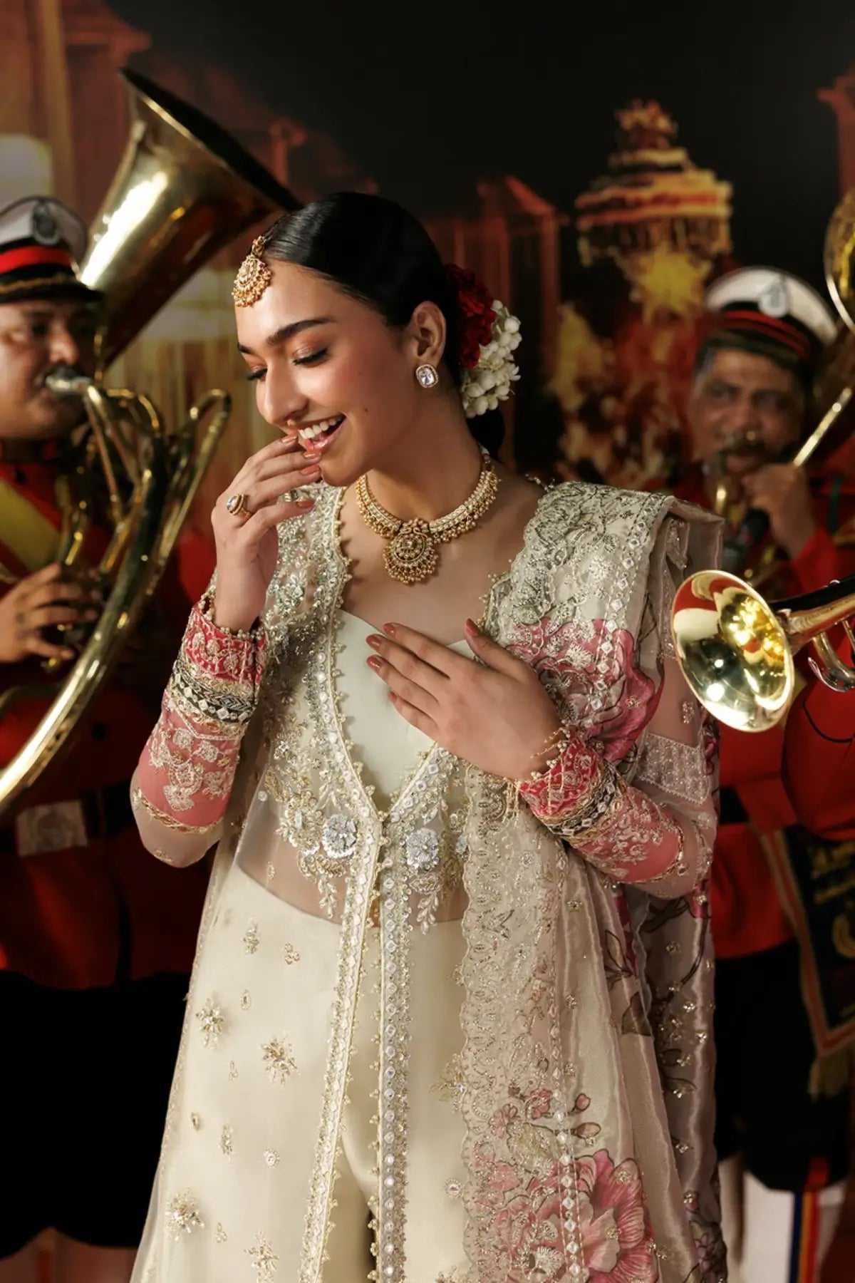 Rang-e-Wafa off white embroidered poly net stitched Nikkah suit with floral details, lama trouser and tissue zari dupatta