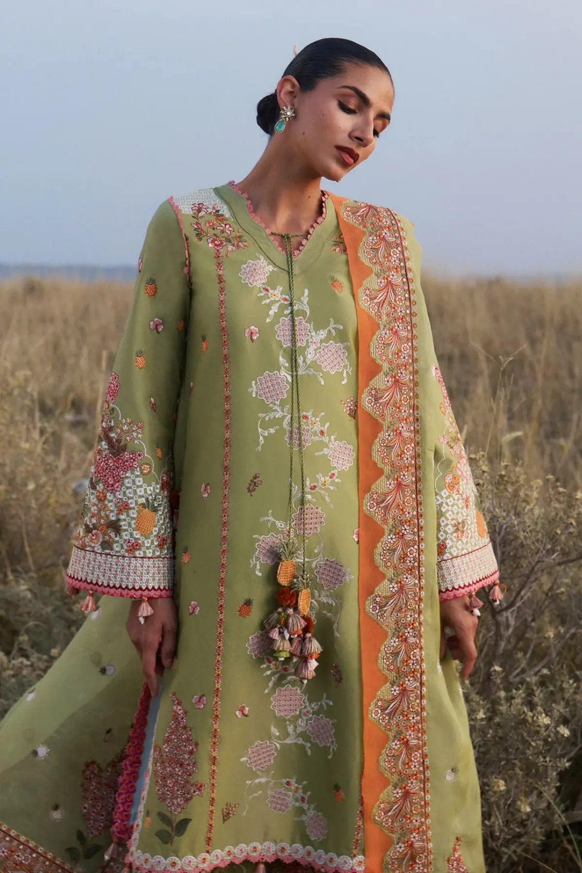 Rang e Bahar Hussain Rehar Matcha Green Lawn Stitched Suit with Organza Dupatta