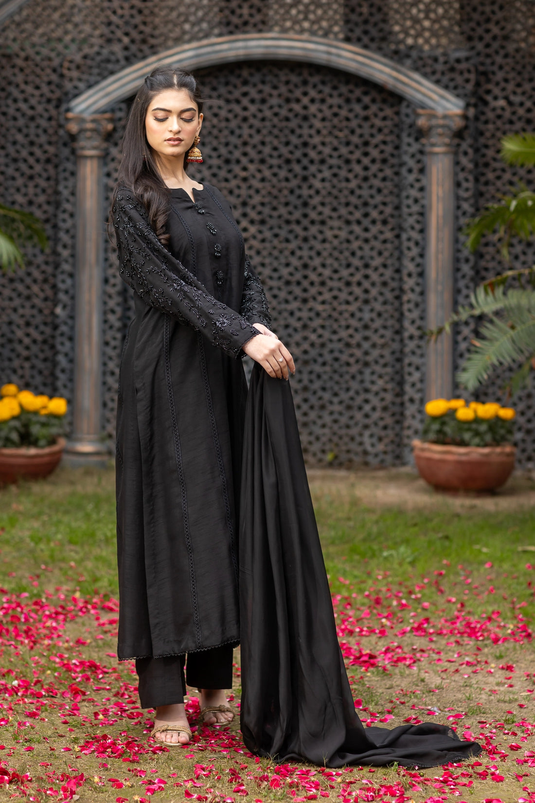 Rani black Eid party wear raw silk 3PC with crystal buttons and lace panels