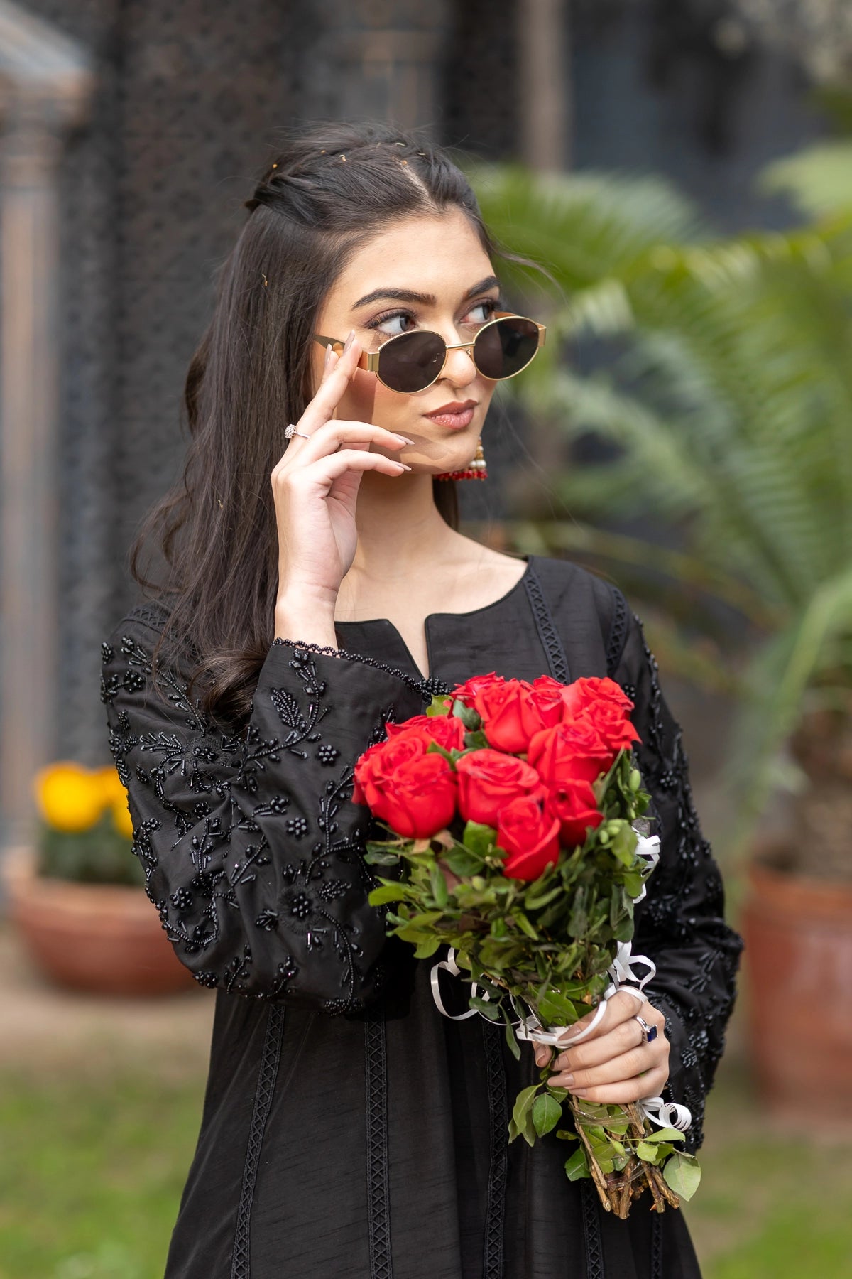 Rani black Eid party wear raw silk 3PC with crystal buttons and lace panels