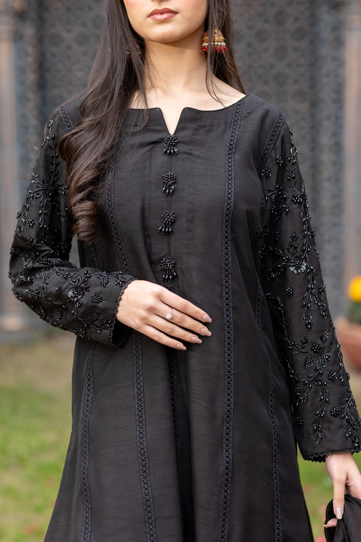 Rani black Eid party wear raw silk 3PC with crystal buttons and lace panels