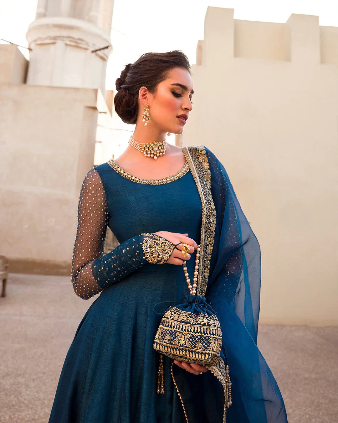Rania - Blue Silk Anarkali Frock By Faiza Saqlain