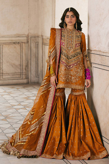 Ranjish MNR orange heavy embroidered raw silk gharara set with organza dupatta, stitched and available at Pakistanimoda for Canada events.