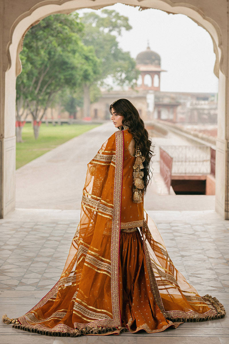 Ranjish MNR orange heavy embroidered raw silk gharara set with organza dupatta, stitched and available at Pakistanimoda for Canada events.