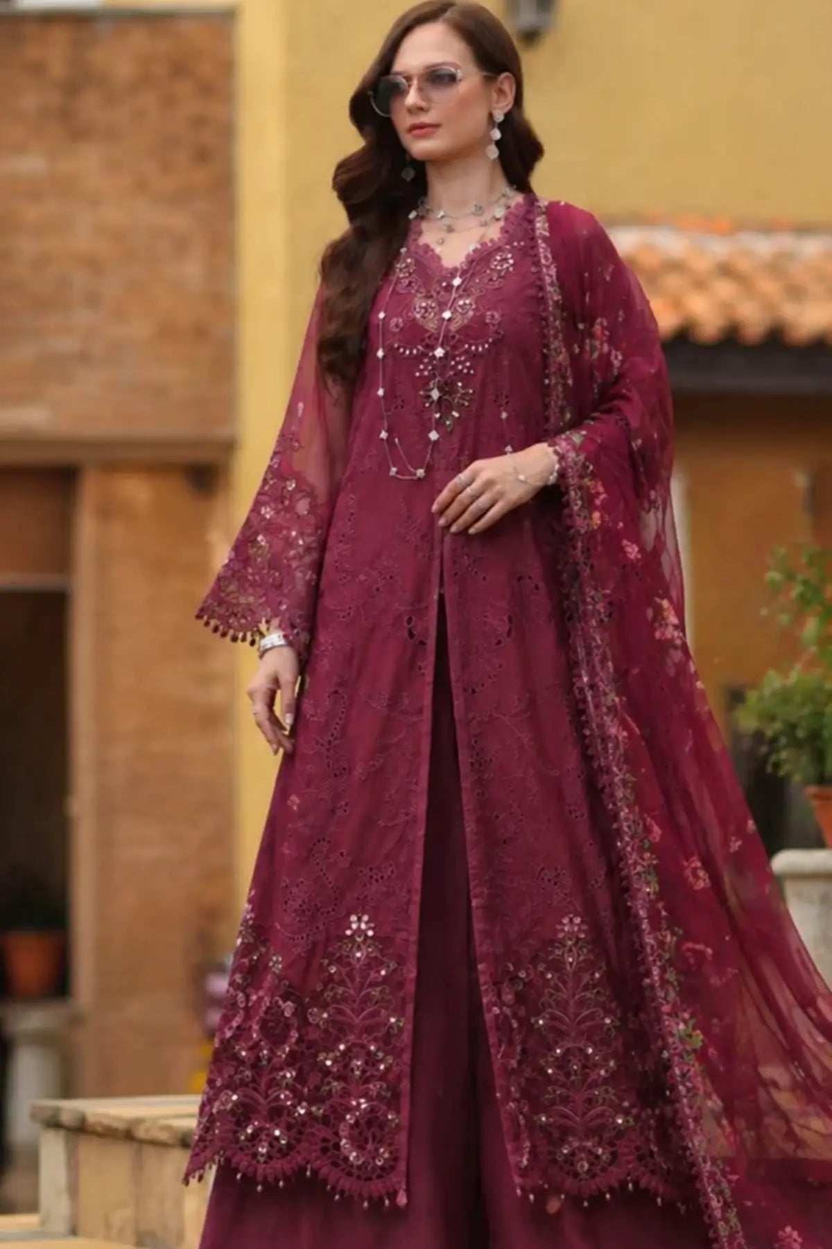 Rasberry Love D8 by Saadia Asad garnet dusk designer lawn suit with embroidered details and chiffon dupatta