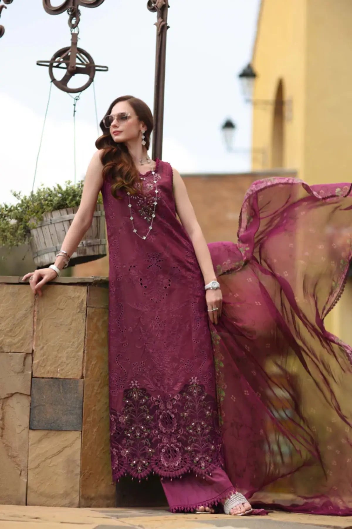 Rasberry Love D8 by Saadia Asad garnet dusk designer lawn suit with embroidered details and chiffon dupatta