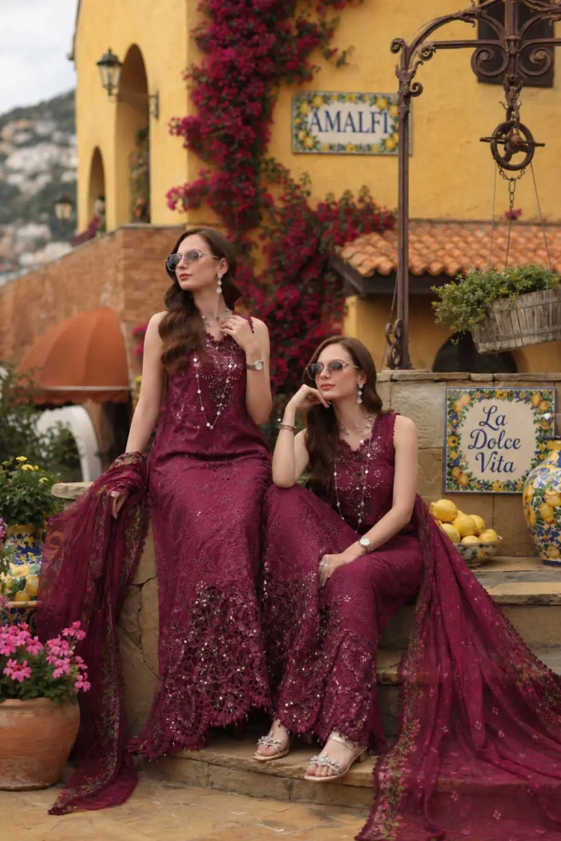Rasberry Love D8 by Saadia Asad garnet dusk designer lawn suit with embroidered details and chiffon dupatta