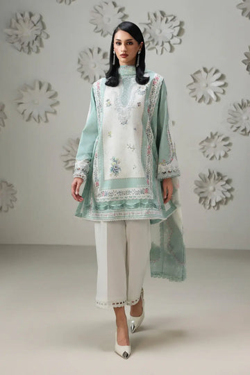 Rasha QQP-05(B) by Qalamkar mint green lawn stitched 3PC suit with embroidered neckline, printed chiffon dupatta, and plain cotton trousers.