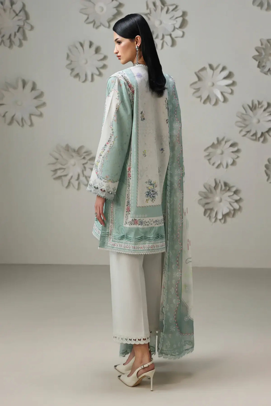 Rasha QQP-05(B) by Qalamkar mint green lawn stitched 3PC suit with embroidered neckline, printed chiffon dupatta, and plain cotton trousers.