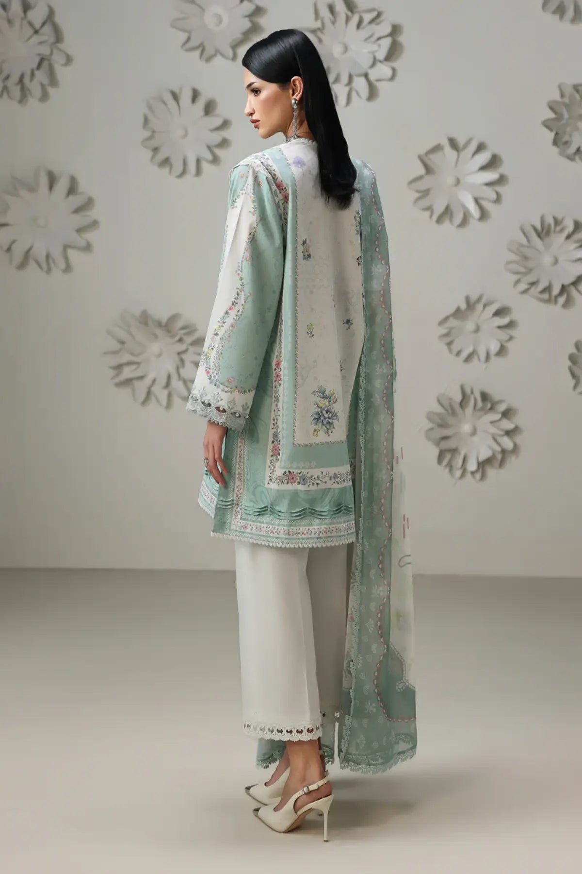 Rasha QQP-05(B) by Qalamkar mint green lawn stitched 3PC suit with embroidered neckline, printed chiffon dupatta, and plain cotton trousers.