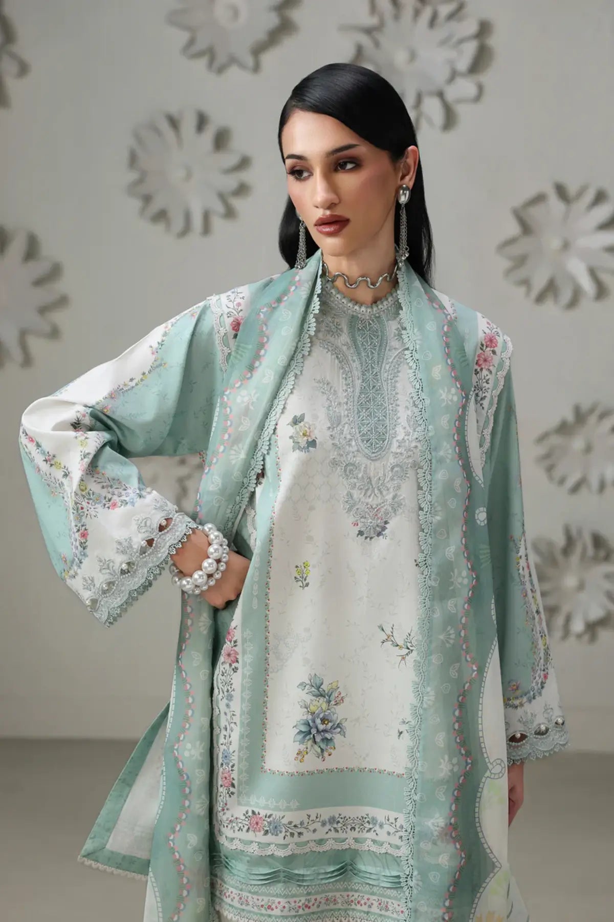 Rasha QQP-05(B) by Qalamkar mint green lawn stitched 3PC suit with embroidered neckline, printed chiffon dupatta, and plain cotton trousers.