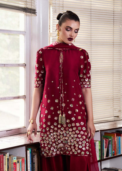 Rasp- Traditional Pure Raw Silk Hot Pink Ensemble For Dinner Wear By- Hussain Rehar