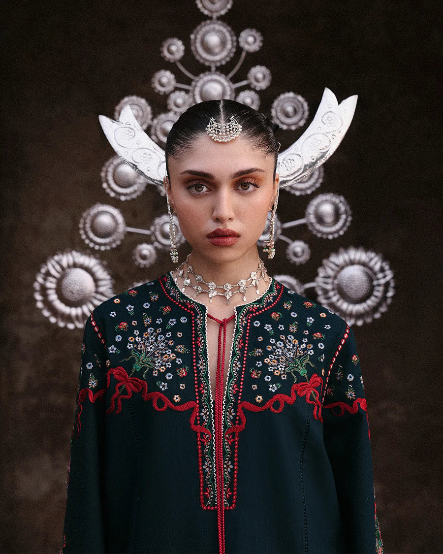 Stitched Jugnu Lahore Rati Zinc Khaddar 3pc with multicolor embroidery and wool shawl, available worldwide at Pakistanimoda.