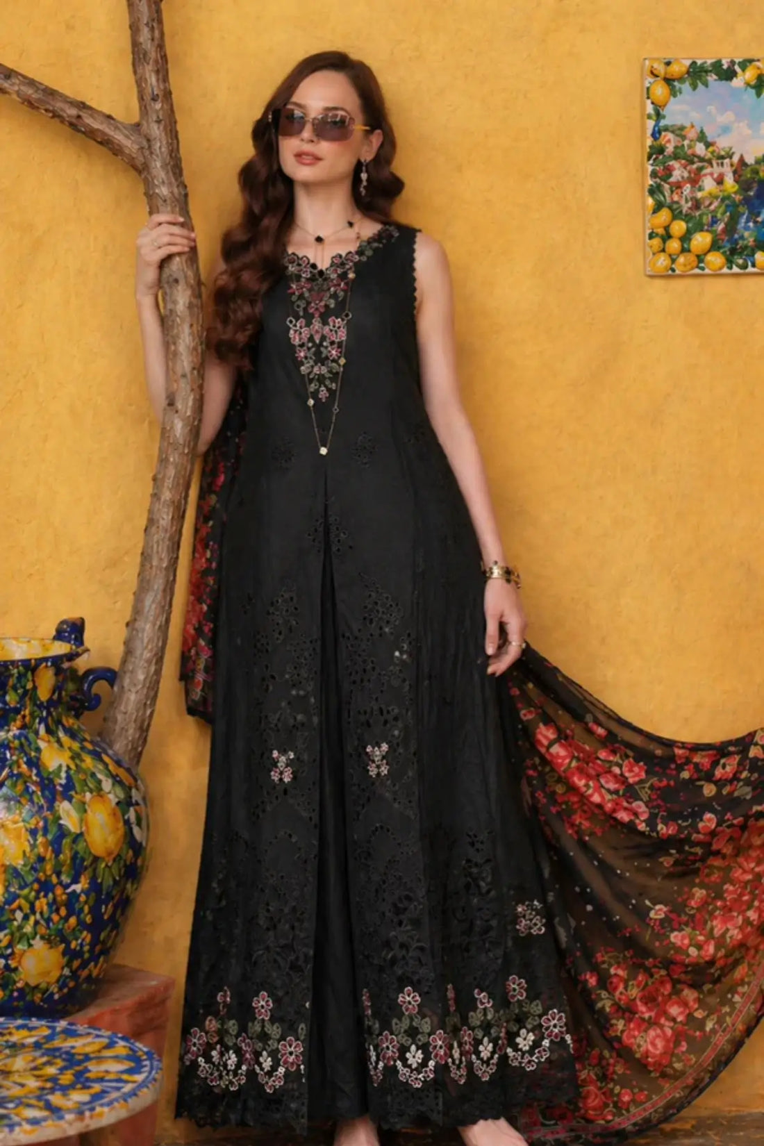 Raven Black D5 by Saadia Asad black Schiffli lawn stitched 3PC with embroidered details and chiffon dupatta