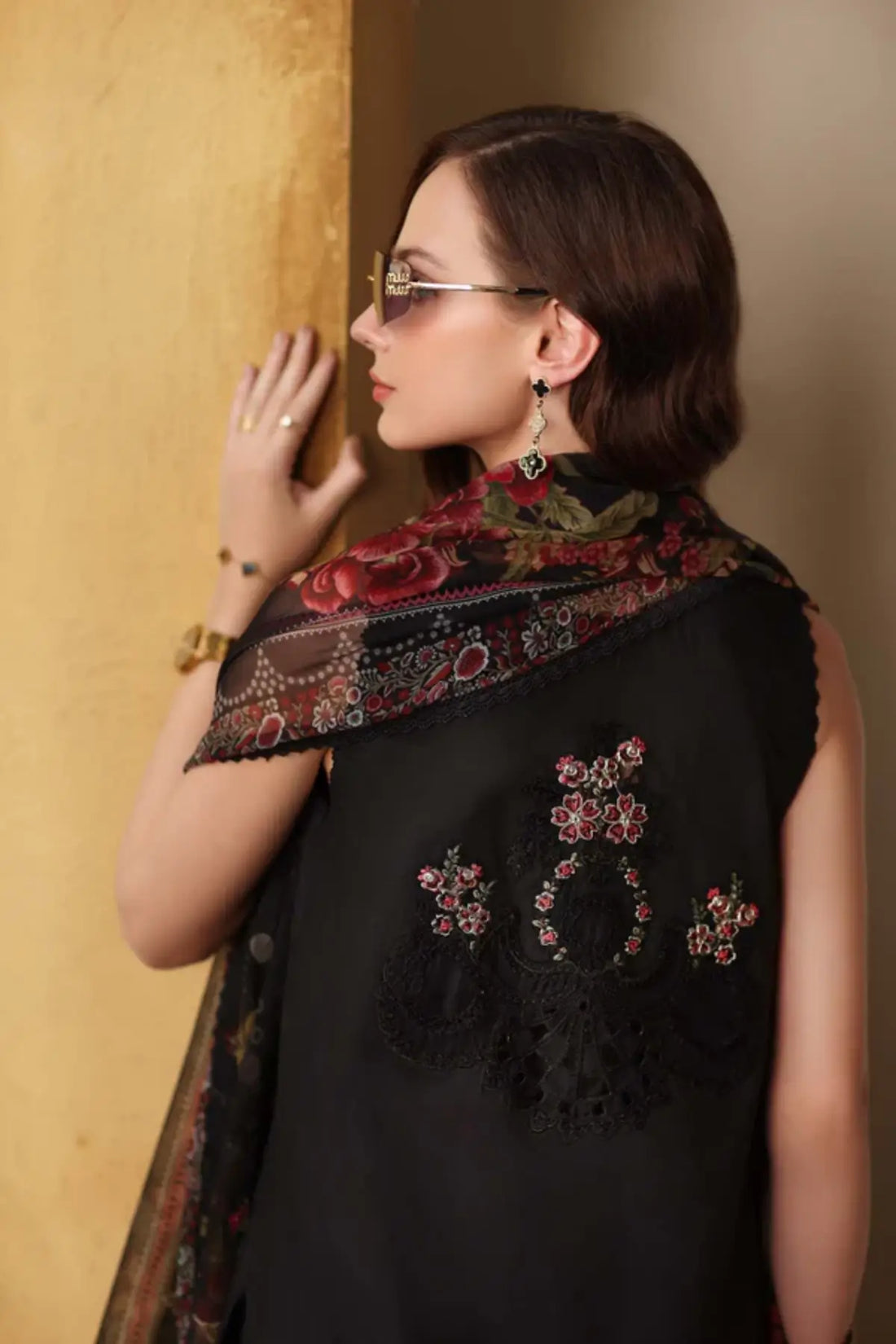 Raven Black D5 by Saadia Asad black Schiffli lawn stitched 3PC with embroidered details and chiffon dupatta