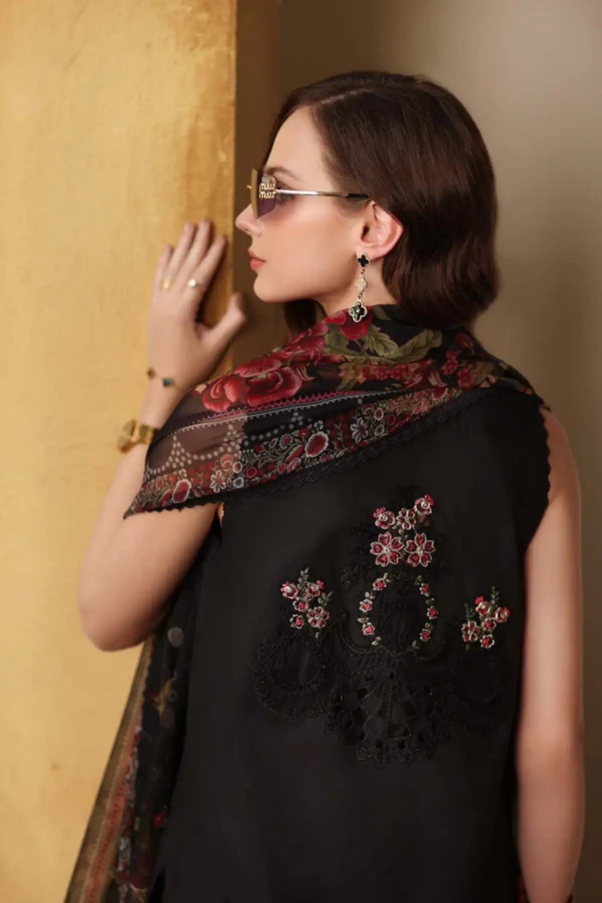 Raven Black D5 by Saadia Asad black Schiffli lawn stitched 3PC with embroidered details and chiffon dupatta