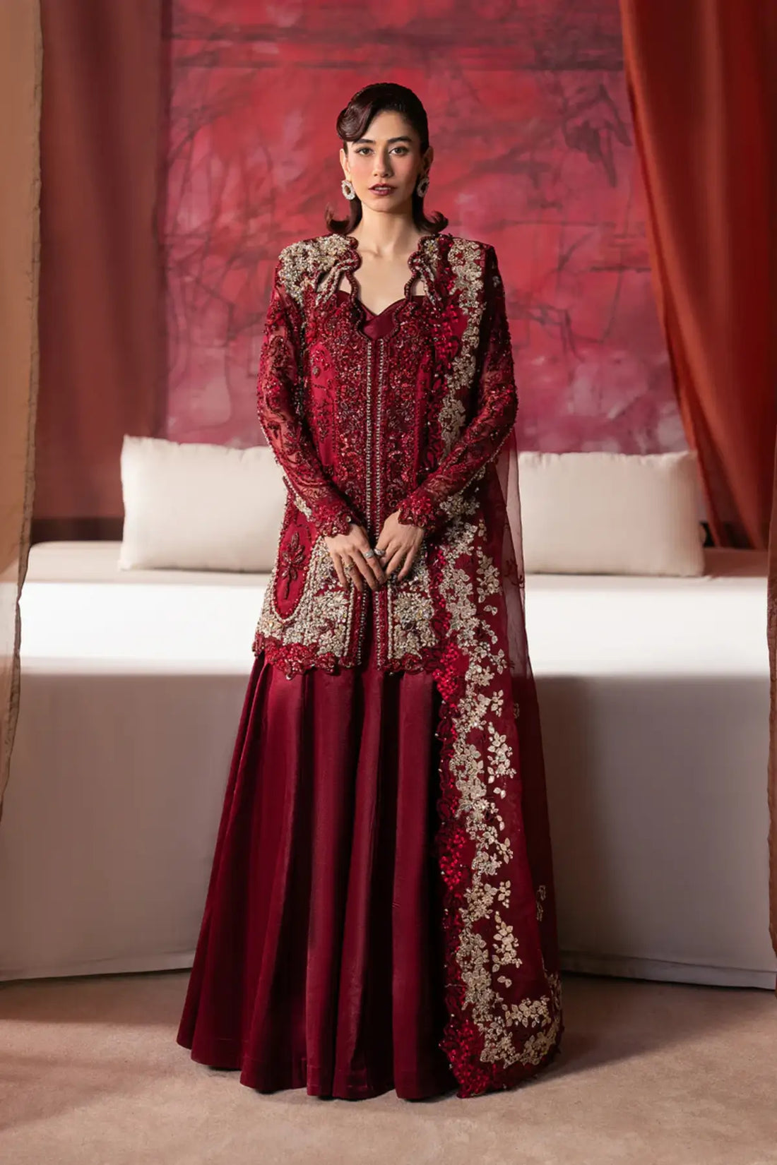 Rawayaat Afrozeh crimson red stitched wedding formal suit with organza shirt organza dupatta and rawsilk trouser