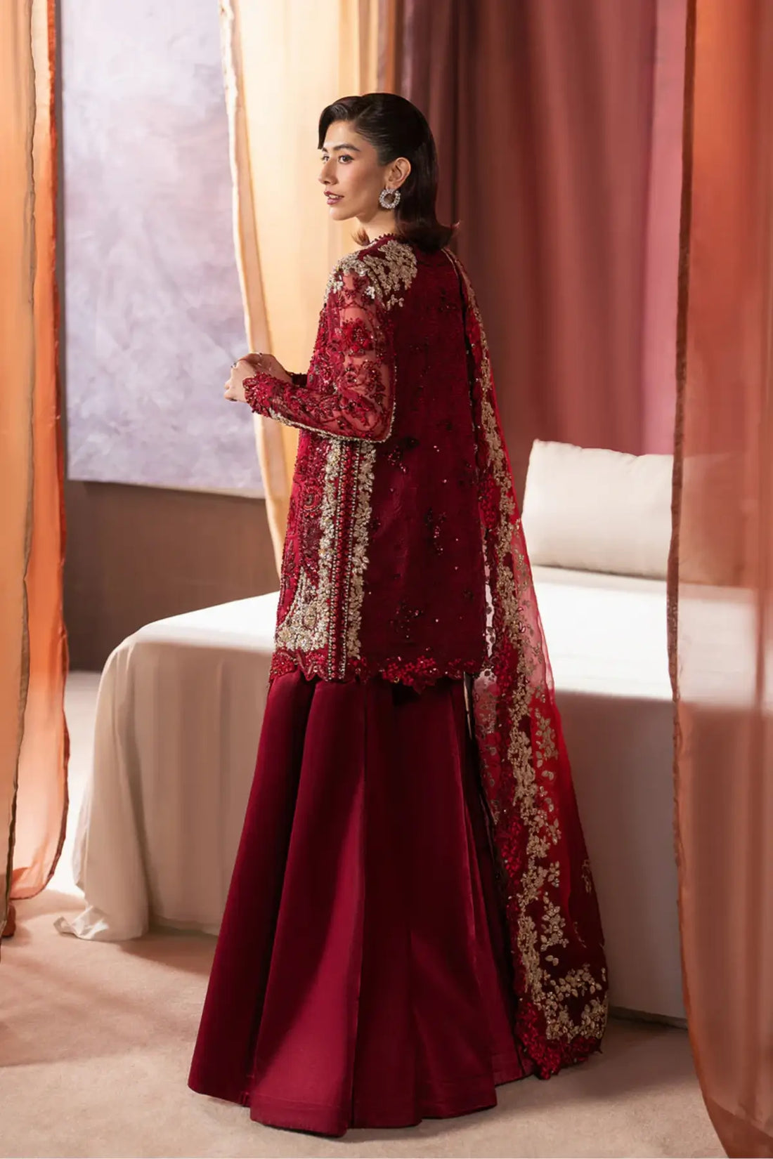 Rawayaat Afrozeh crimson red stitched wedding formal suit with organza shirt organza dupatta and rawsilk trouser