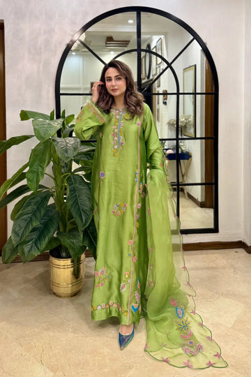 Raya lime embroidered sheesha silk stitched kaftan set with organza dupatta festive outfit