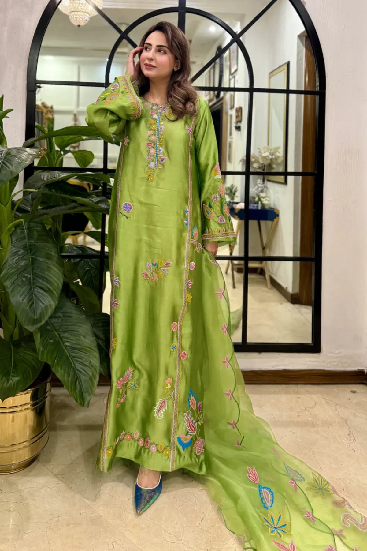 Raya lime embroidered sheesha silk stitched kaftan set with organza dupatta festive outfit