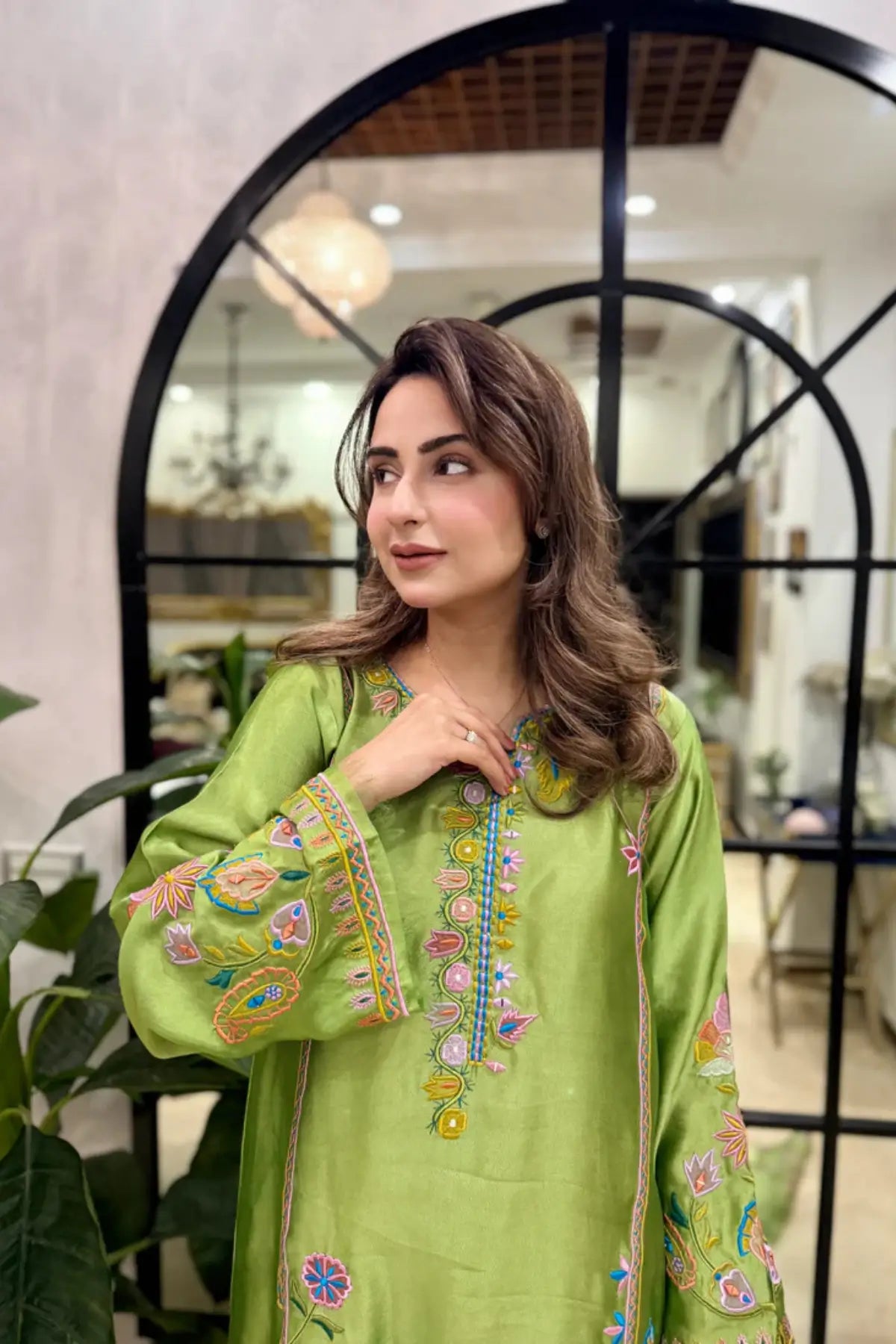 Raya lime embroidered sheesha silk stitched kaftan set with organza dupatta festive outfit