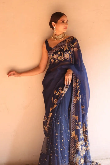 Raya Navy Blue Gold Zardozi Organza Net Stitched Pakistani Wedding Saree with Floral Dabki Nakshi Handwork and Silk Blouse