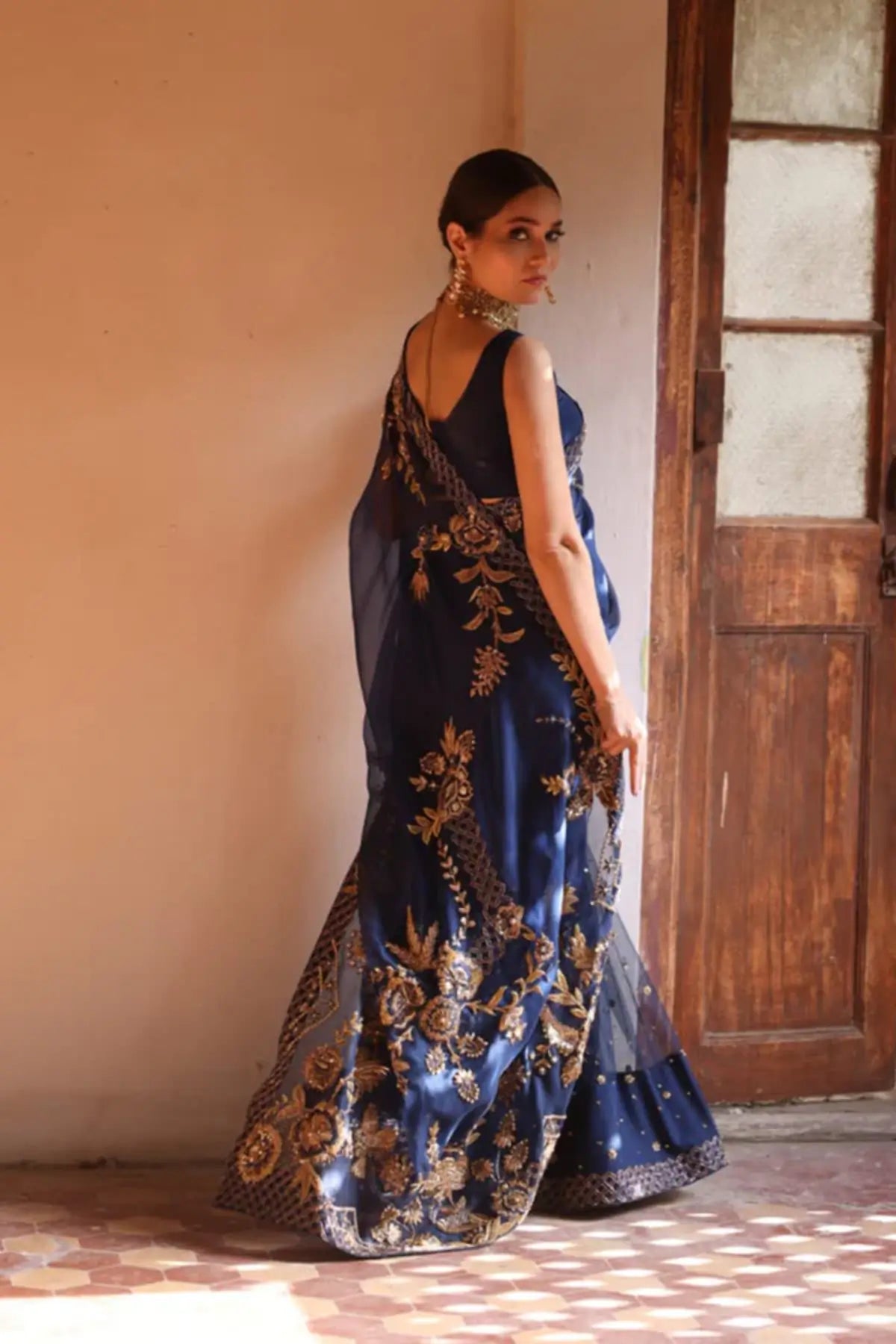 Raya Navy Blue Gold Zardozi Organza Net Stitched Pakistani Wedding Saree with Floral Dabki Nakshi Handwork and Silk Blouse