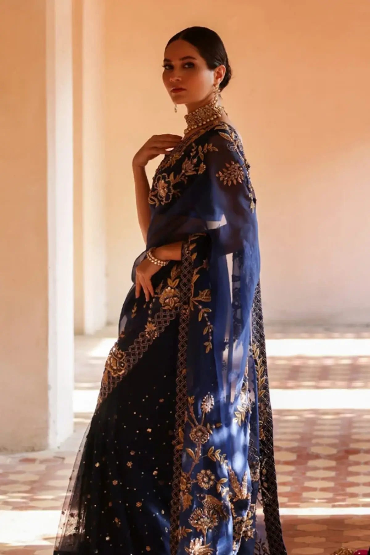 Raya Navy Blue Gold Zardozi Organza Net Stitched Pakistani Wedding Saree with Floral Dabki Nakshi Handwork and Silk Blouse