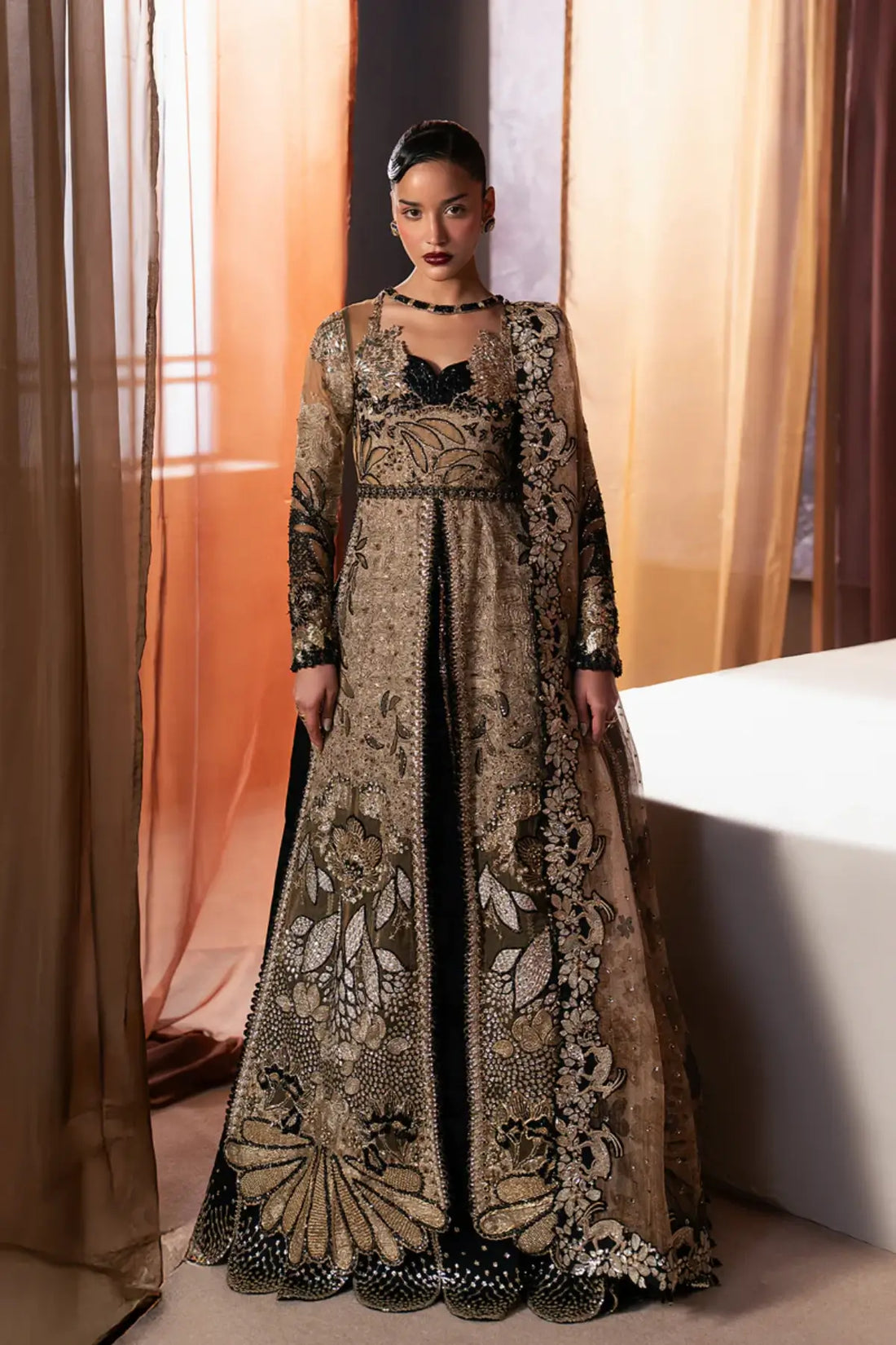Rayyan Afrozeh black stitched wedding formal with organza shirt antique gold embroidery rawsilk dupatta and trouser