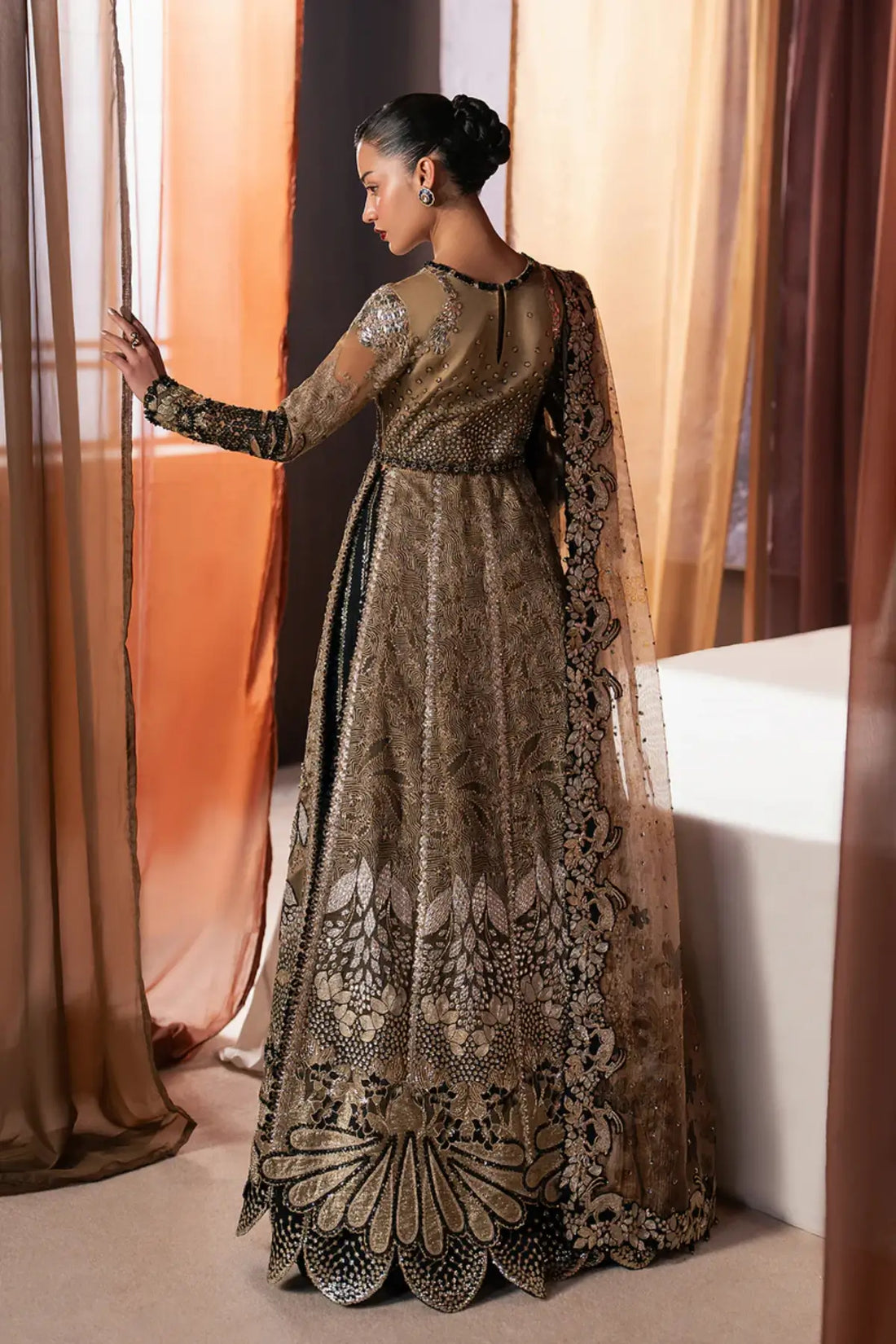 Rayyan Afrozeh black stitched wedding formal with organza shirt antique gold embroidery rawsilk dupatta and trouser