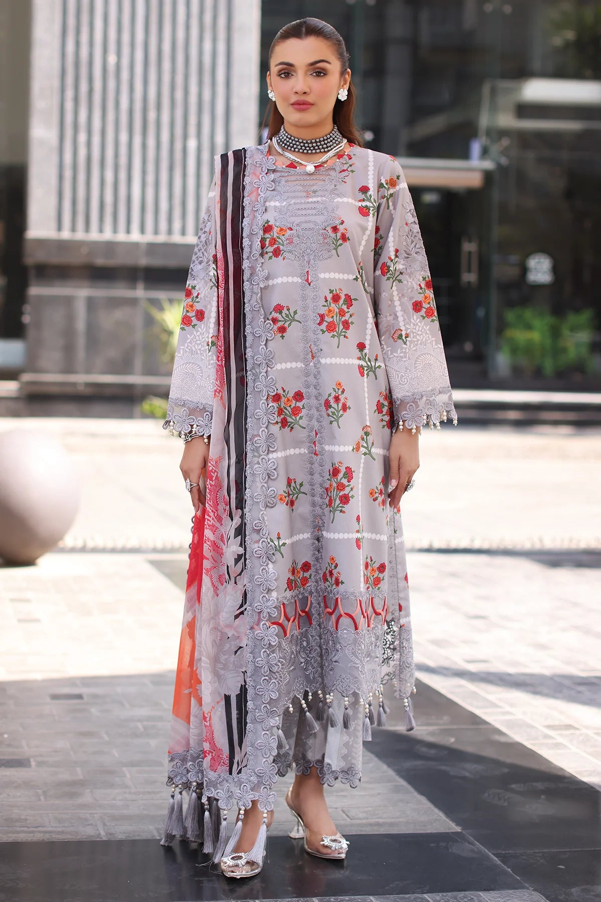 Ready-to-Wear Charizma 3PC Embroidered Lawn – CC5-23 Grey Suit with Chiffon Dupatta
