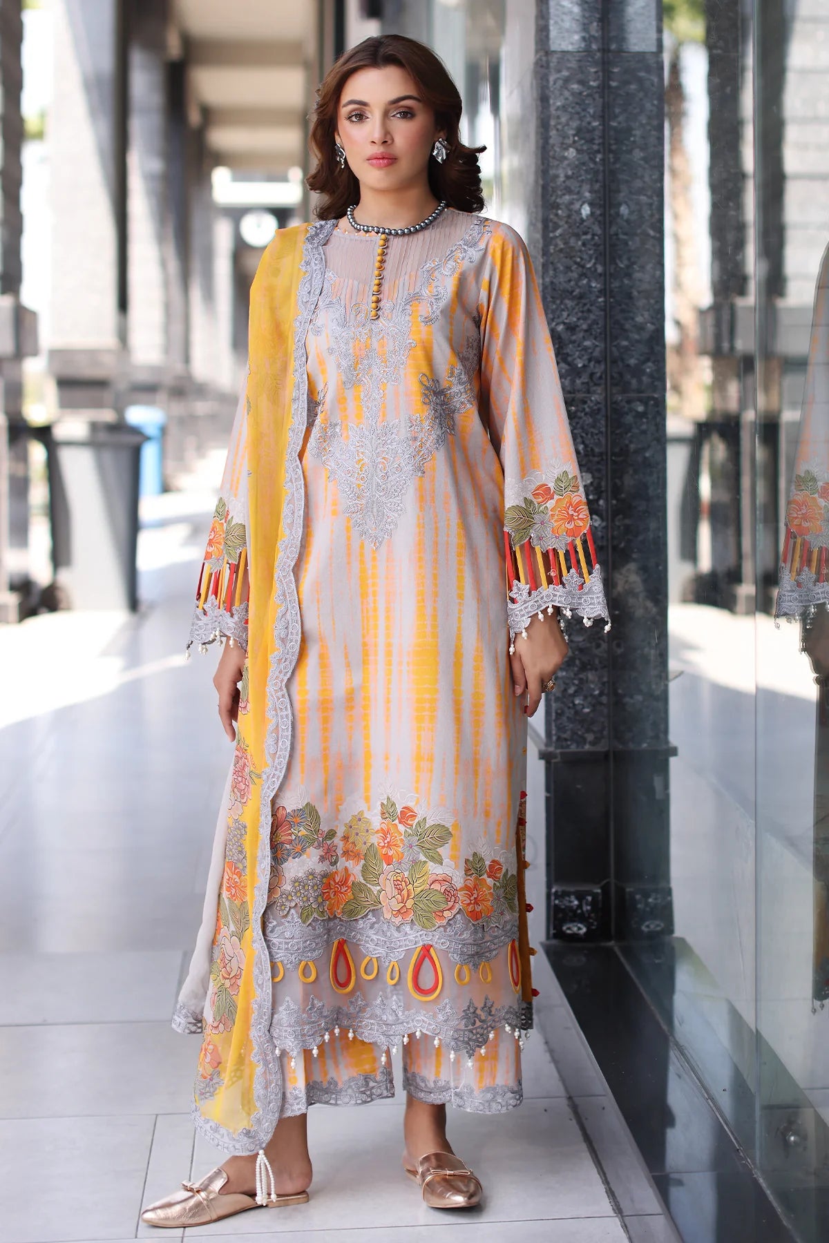 Ready-to-Wear Charizma 3PC Lawn Suit CC5-25 – Embroidered Grey & Mustard Outfit with Chiffon Dupatta