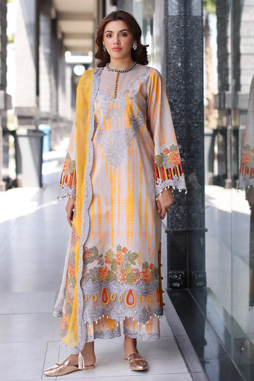 Ready-to-Wear Charizma 3PC Lawn Suit CC5-25 – Embroidered Grey & Mustard Outfit with Chiffon Dupatta