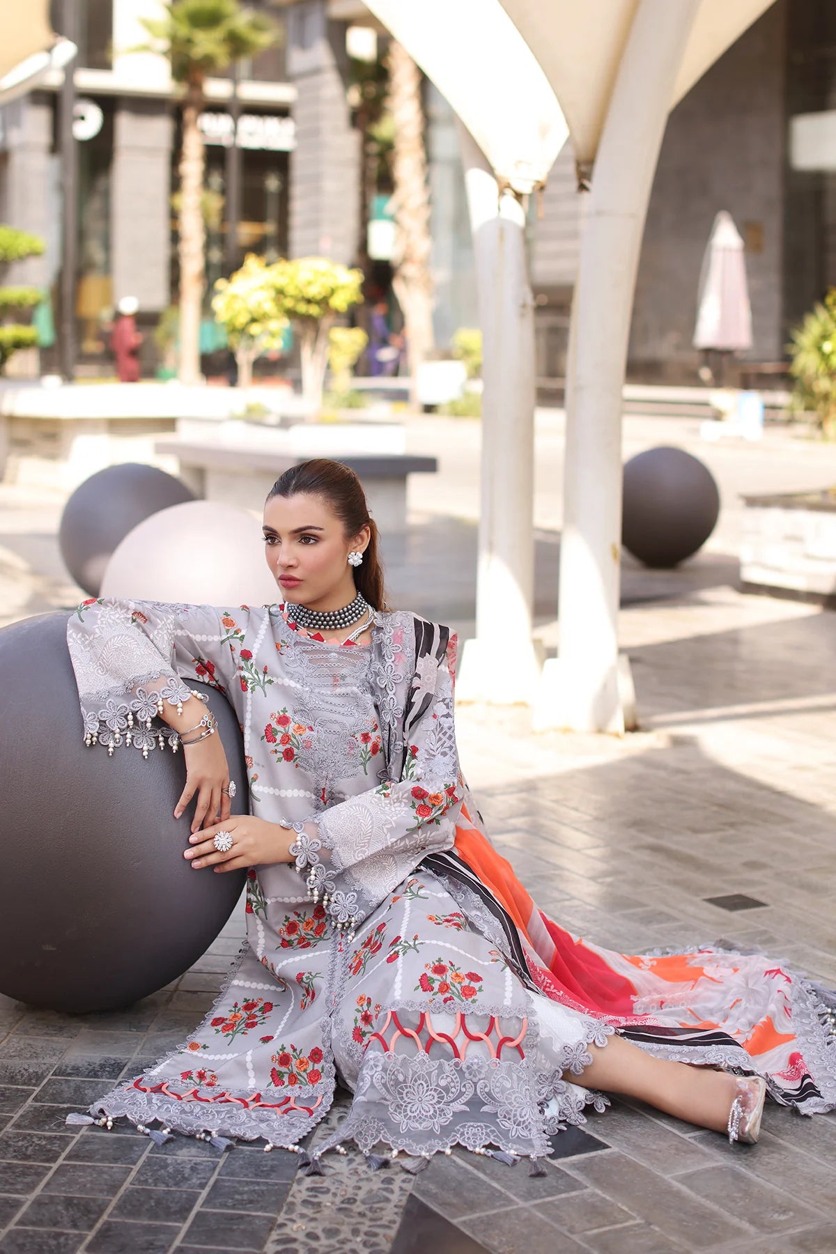 Ready-to-Wear Charizma 3PC Embroidered Lawn – CC5-23 Grey Suit with Chiffon Dupatta