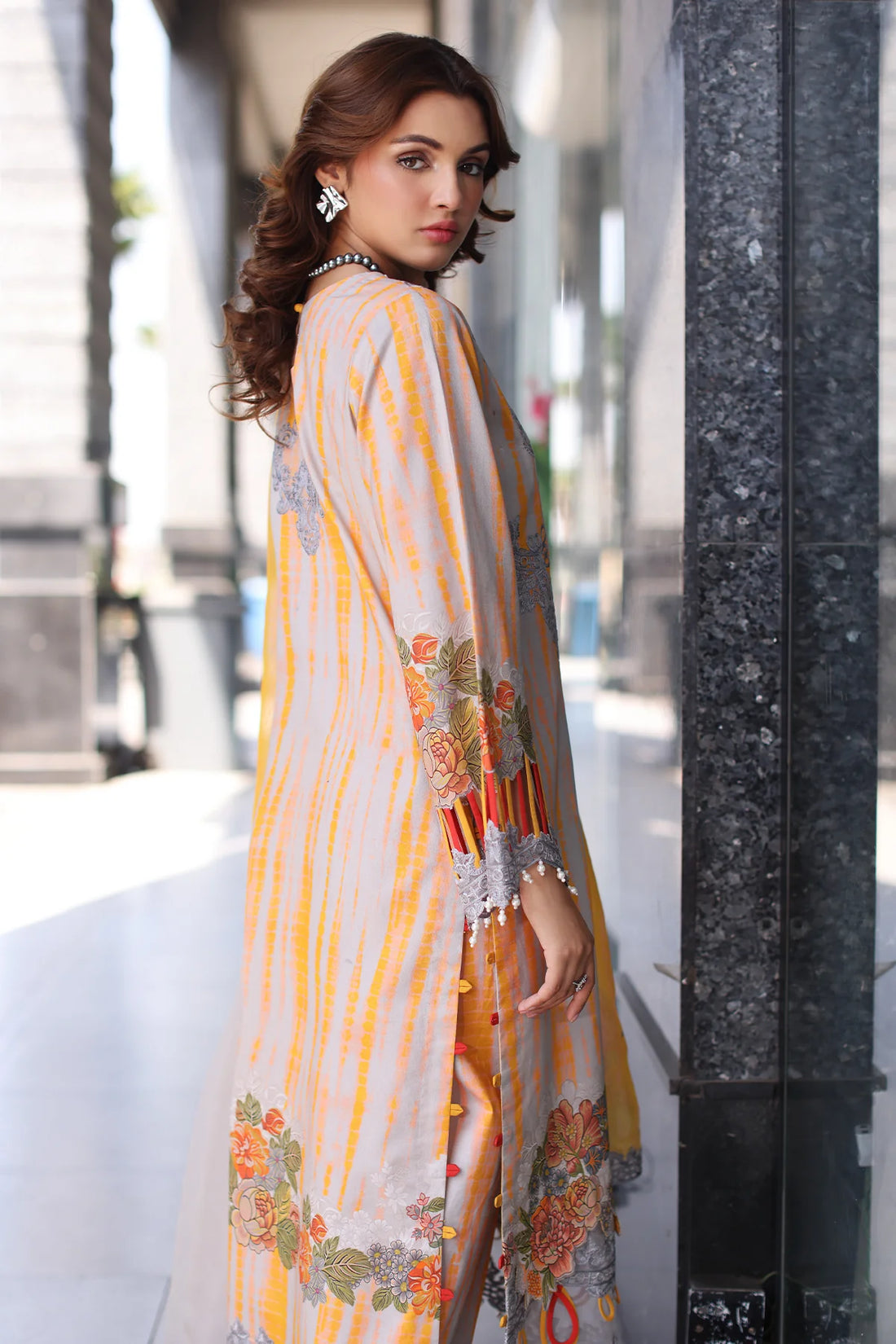 Ready-to-Wear Charizma 3PC Lawn Suit CC5-25 – Embroidered Grey & Mustard Outfit with Chiffon Dupatta
