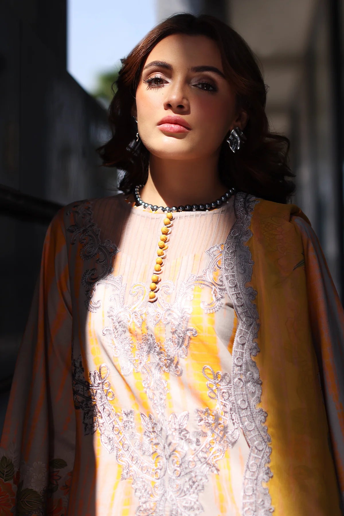 Ready-to-Wear Charizma 3PC Lawn Suit CC5-25 – Embroidered Grey & Mustard Outfit with Chiffon Dupatta