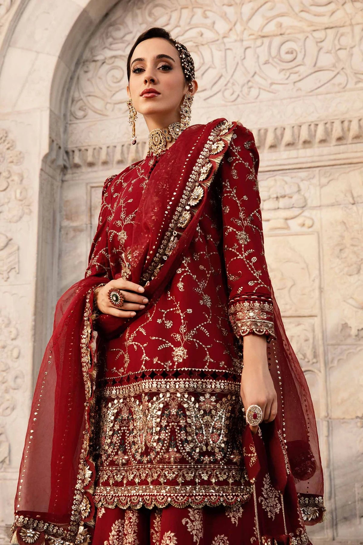 Red Embroidered Cotton Satin Suit By Maria B