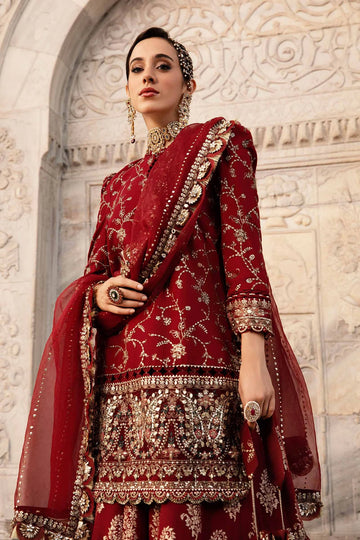Red Embroidered Cotton Satin Suit By Maria B